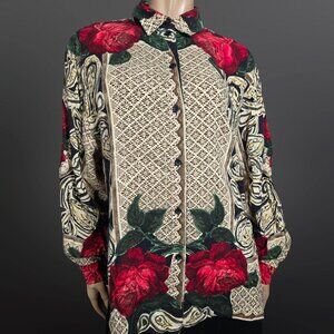 Vintage 90s Dark Floral Rose Print Oversized Blouse Button Up Shirt Size L Rayon